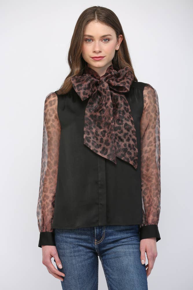 MIXED MEDIA SELF TIE NECKLINE DETAIL BLOUSE