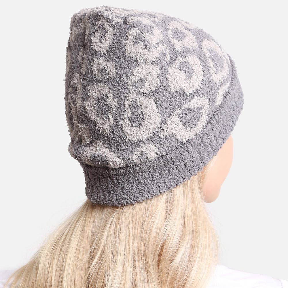 Leopard Patterned Soft Knit Beanie Hat