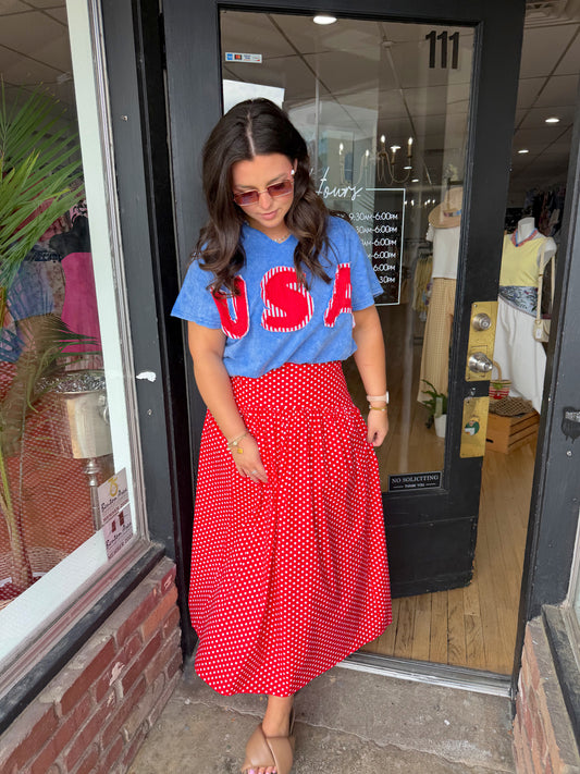 POLKA DOT FLARED MAXI SKIRT