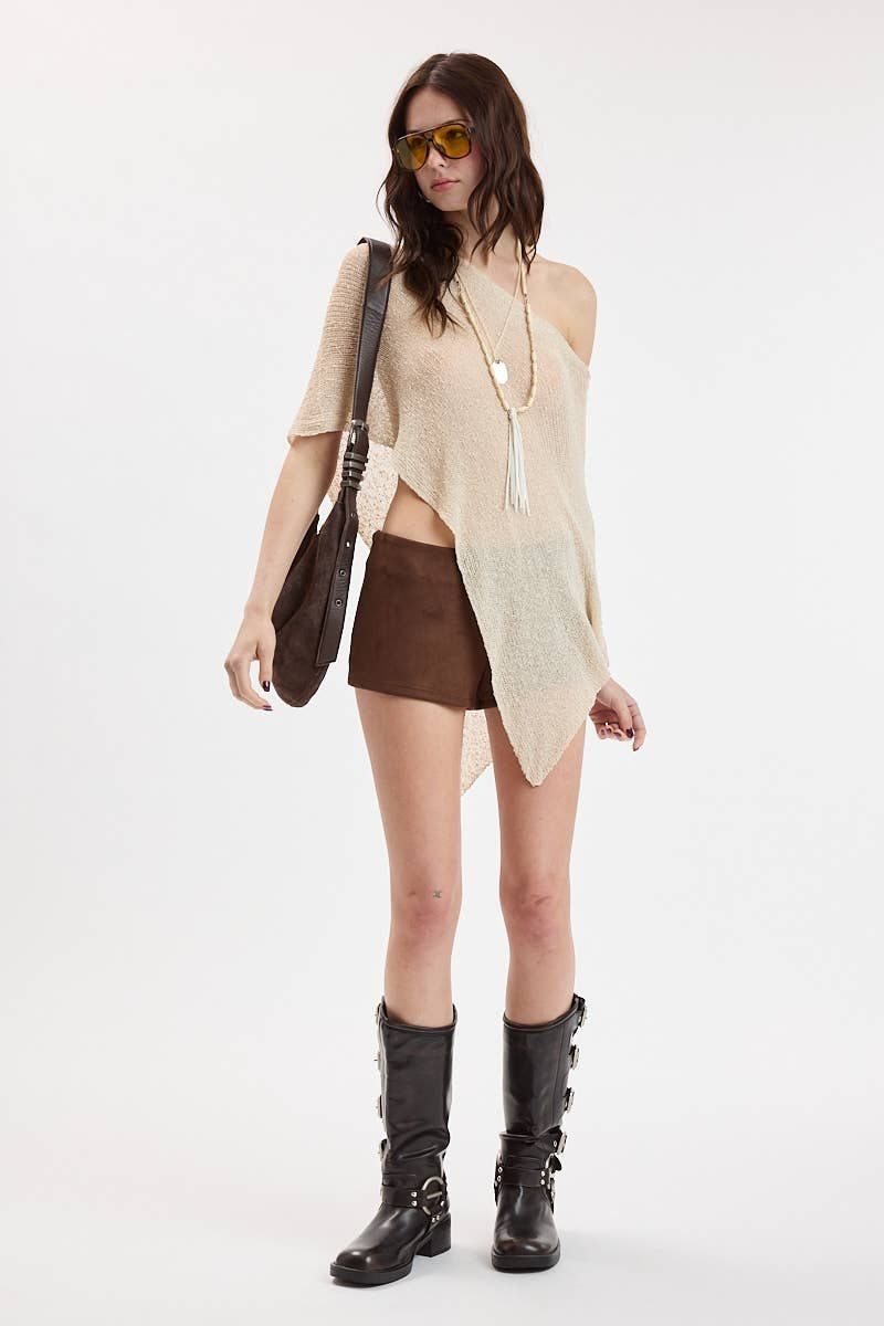 SEE-THROUGH KNIT ONE-SHOLDER SHEER PONCHO