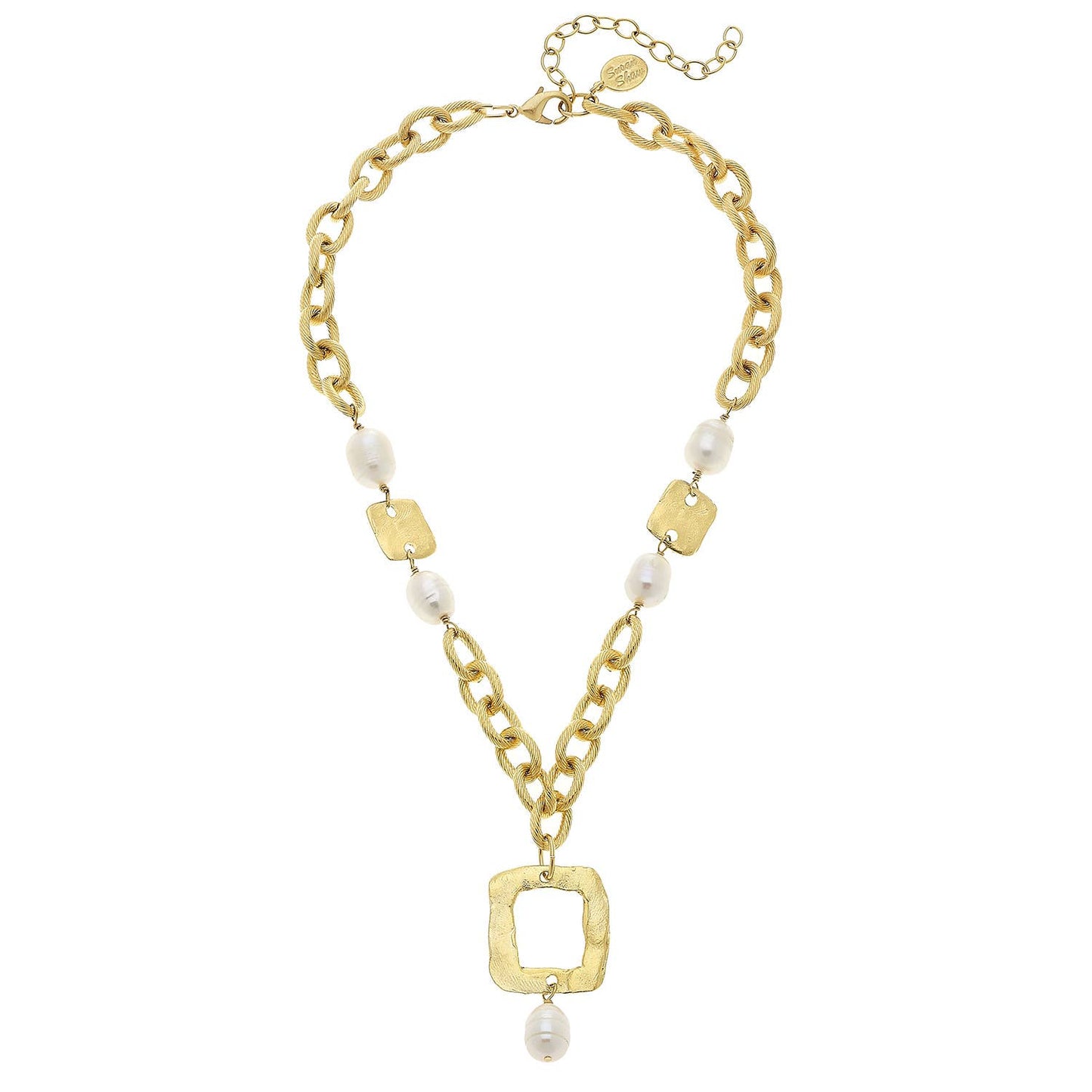Gold Square and Genuine Freshwater Pearl Chain Necklace  - Susan Shaw