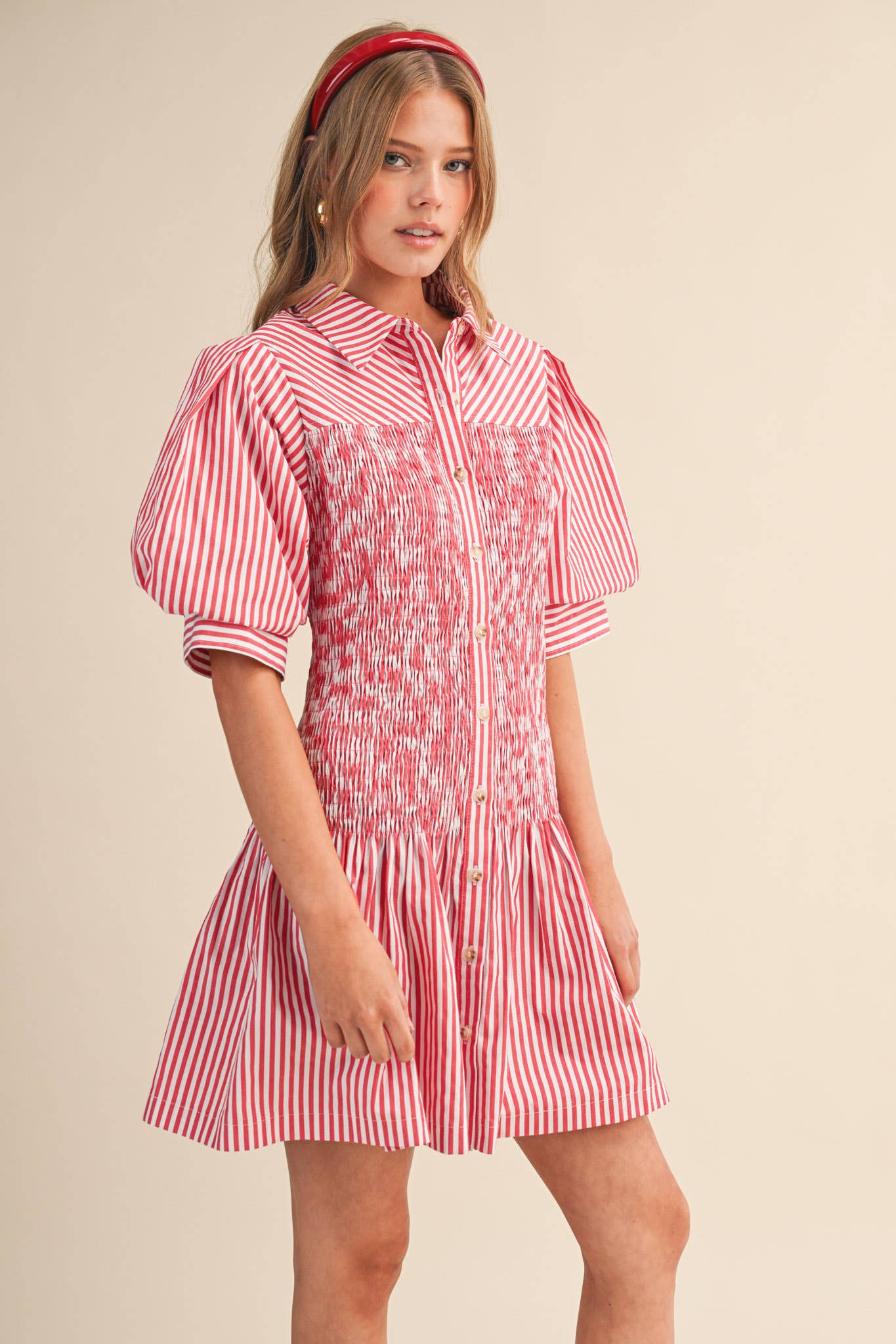 STRIPED SMOCKED BODICE MINI DRESS