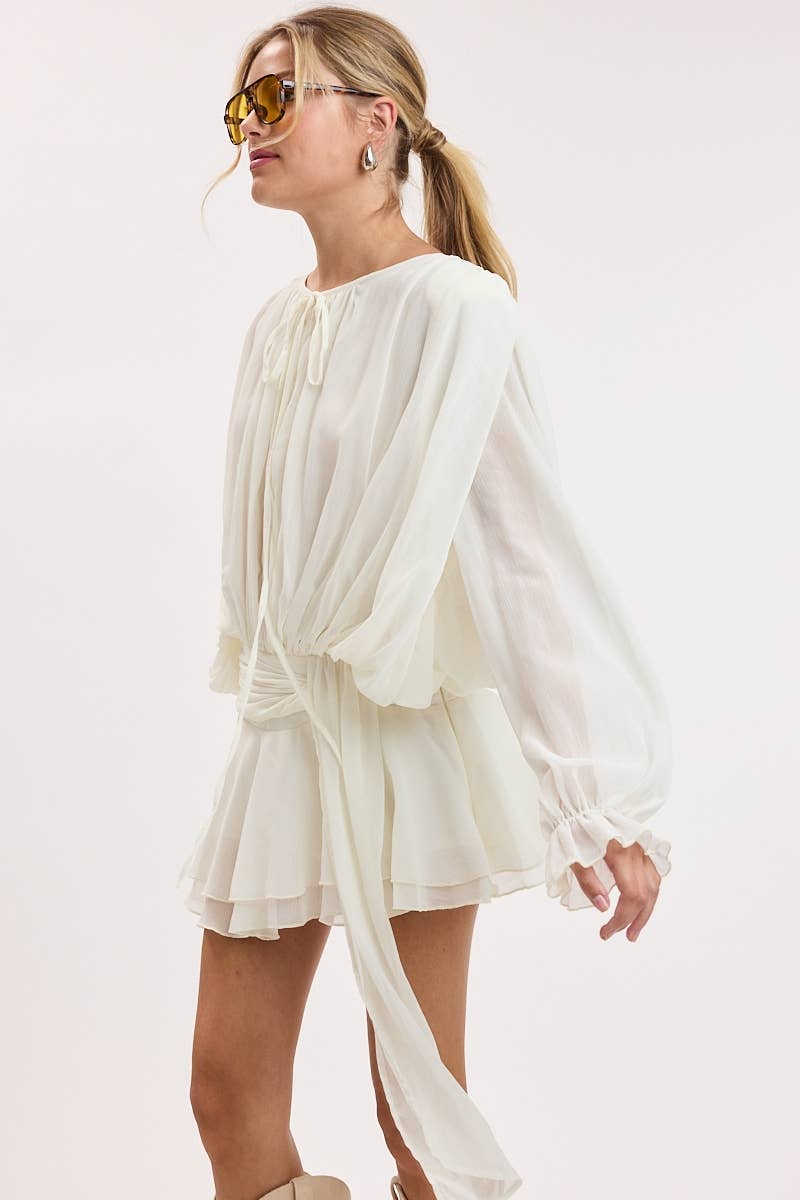 CRINKLE CHIFFON SHOULDER PAD RUFFLE MINI DRESS