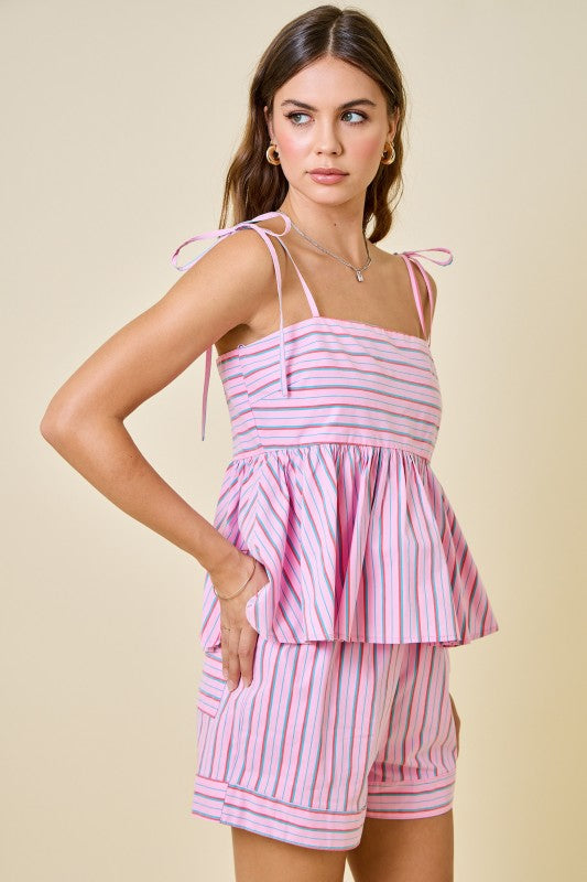 pink striped short set