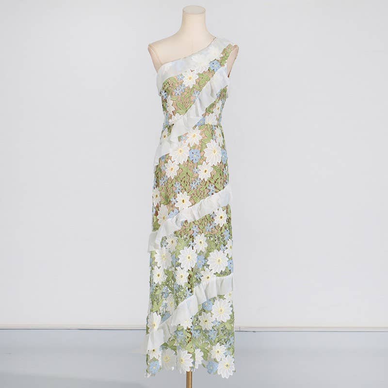 DR409 Floral Embroidered One-Shoulder Ruffle Maxi Dress