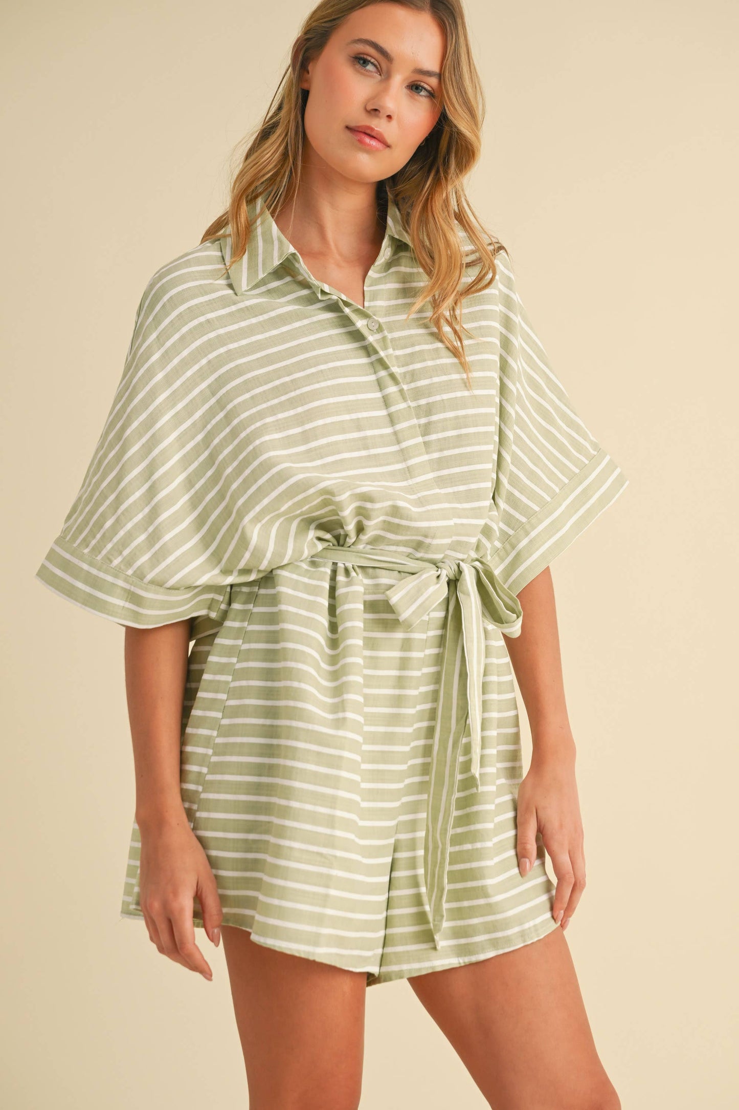 STRIPED RELAXED FIT BELTED SHORT SLEEVE ROMPER