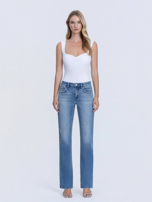 MID RISE FULL LENGTH MEDIUM WASH STRAIGHT JEANS