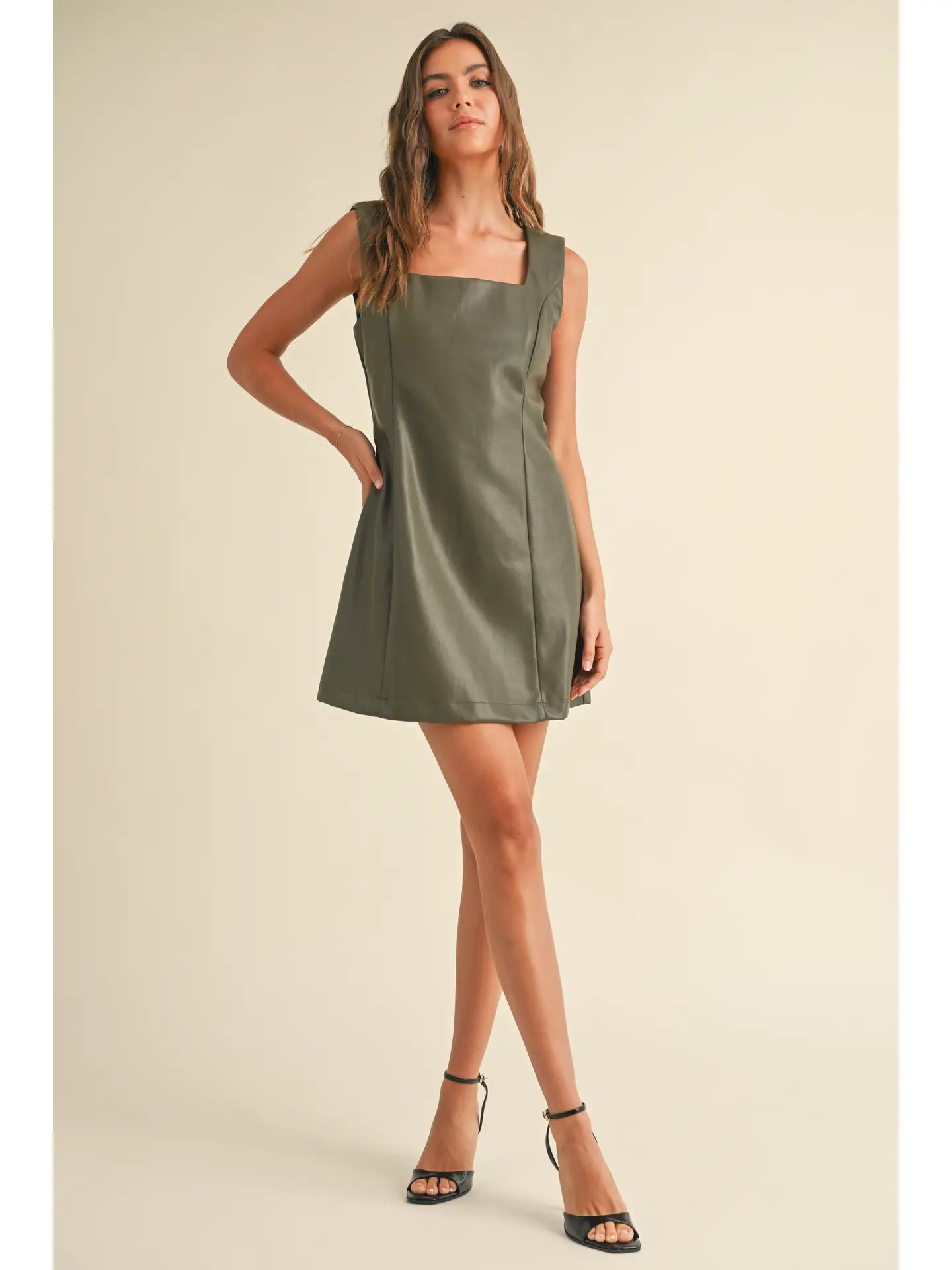 olive square neck pu mini dress