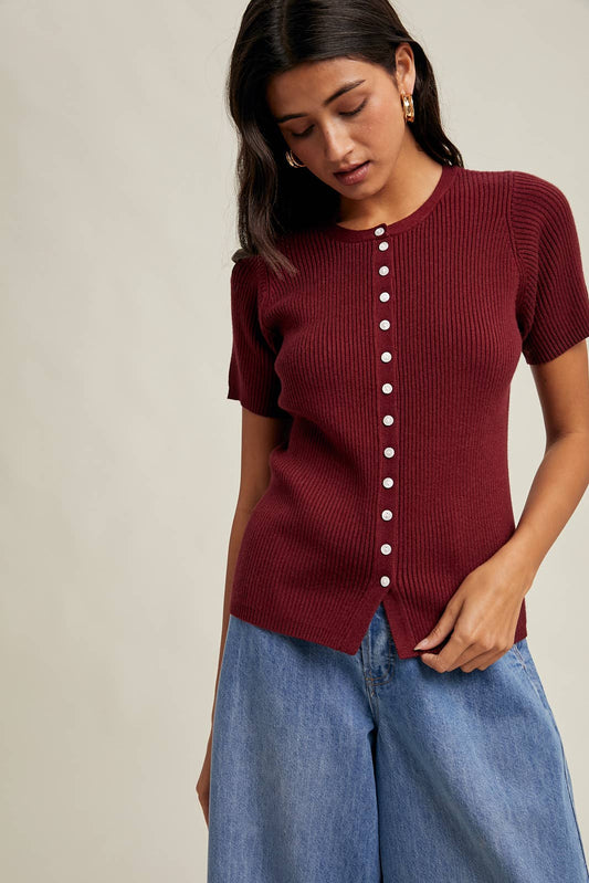RIBBED BUTTON-UP KNIT SWEATER TOP