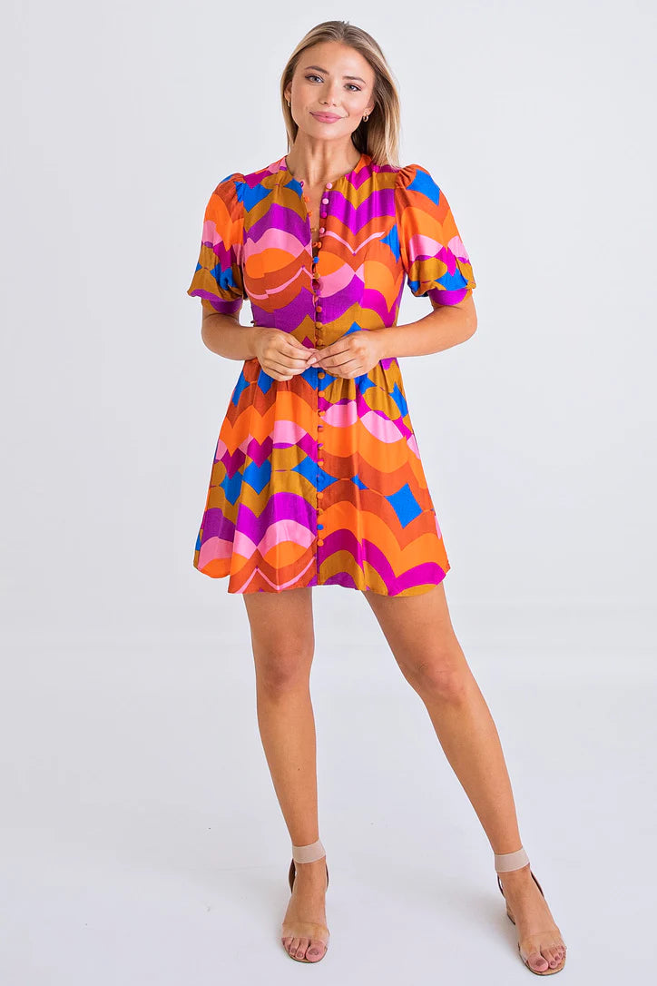 Karlie Multi 70s Button Sleeve Mini Dress