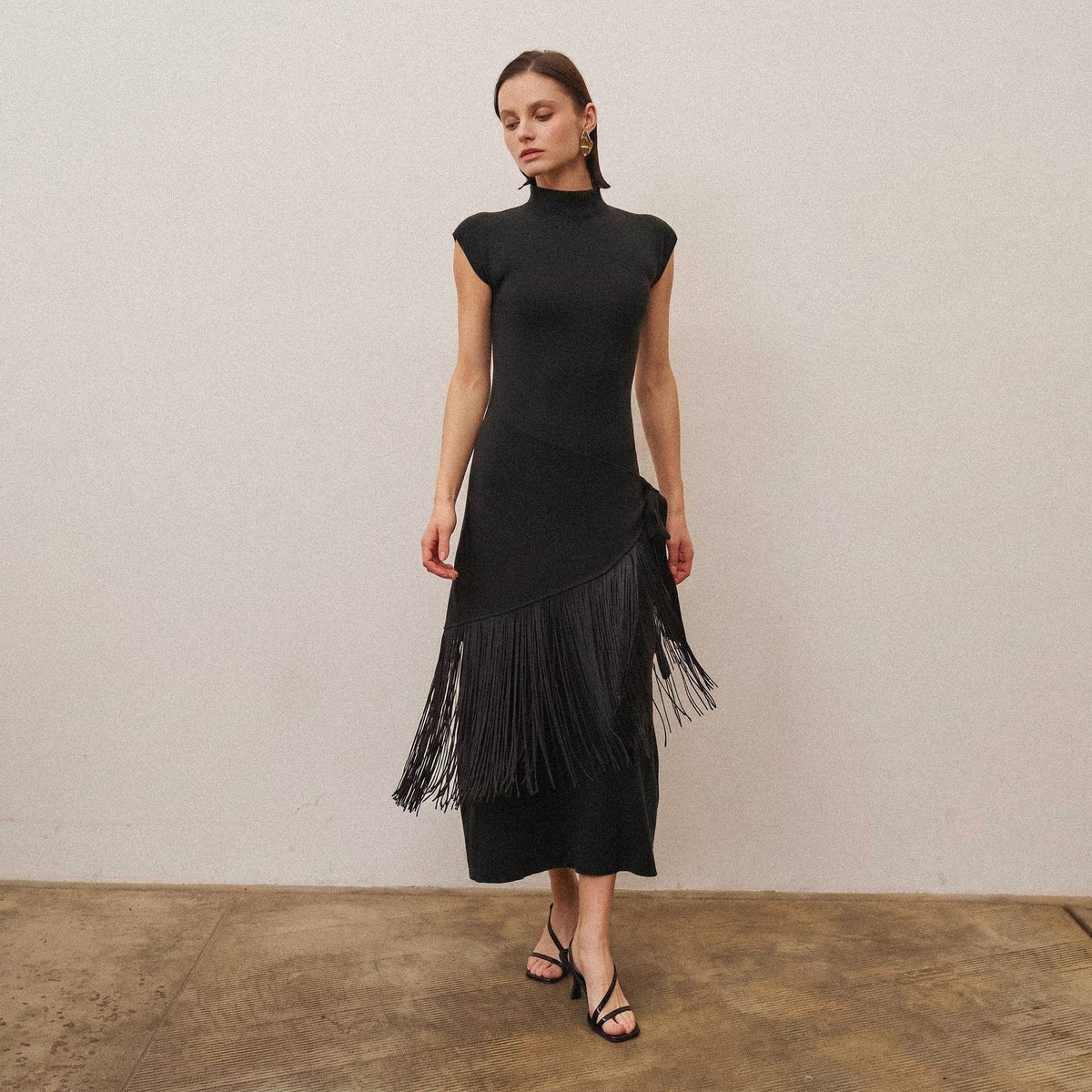 Fringe faux wrap dress