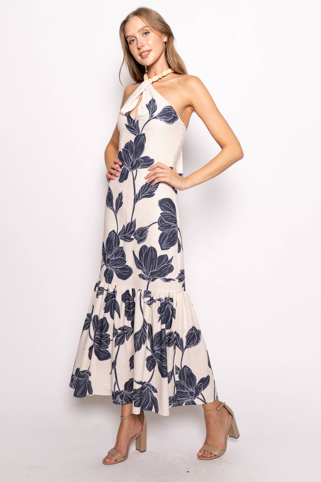 FLORAL BEAD HALTER MAXI DRESS