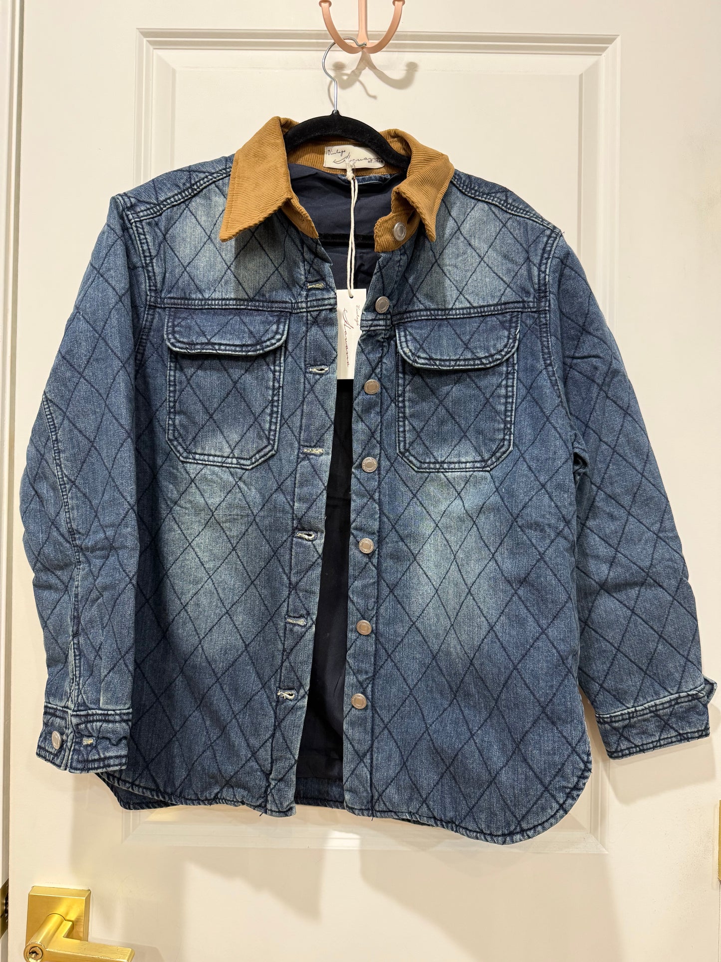 BLUE QUILTED DENIM JACKET W/ SUEDE COLLAR