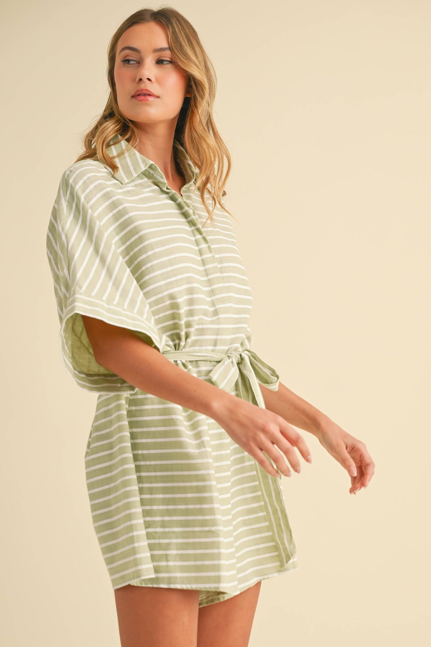 STRIPED RELAXED FIT BELTED SHORT SLEEVE ROMPER