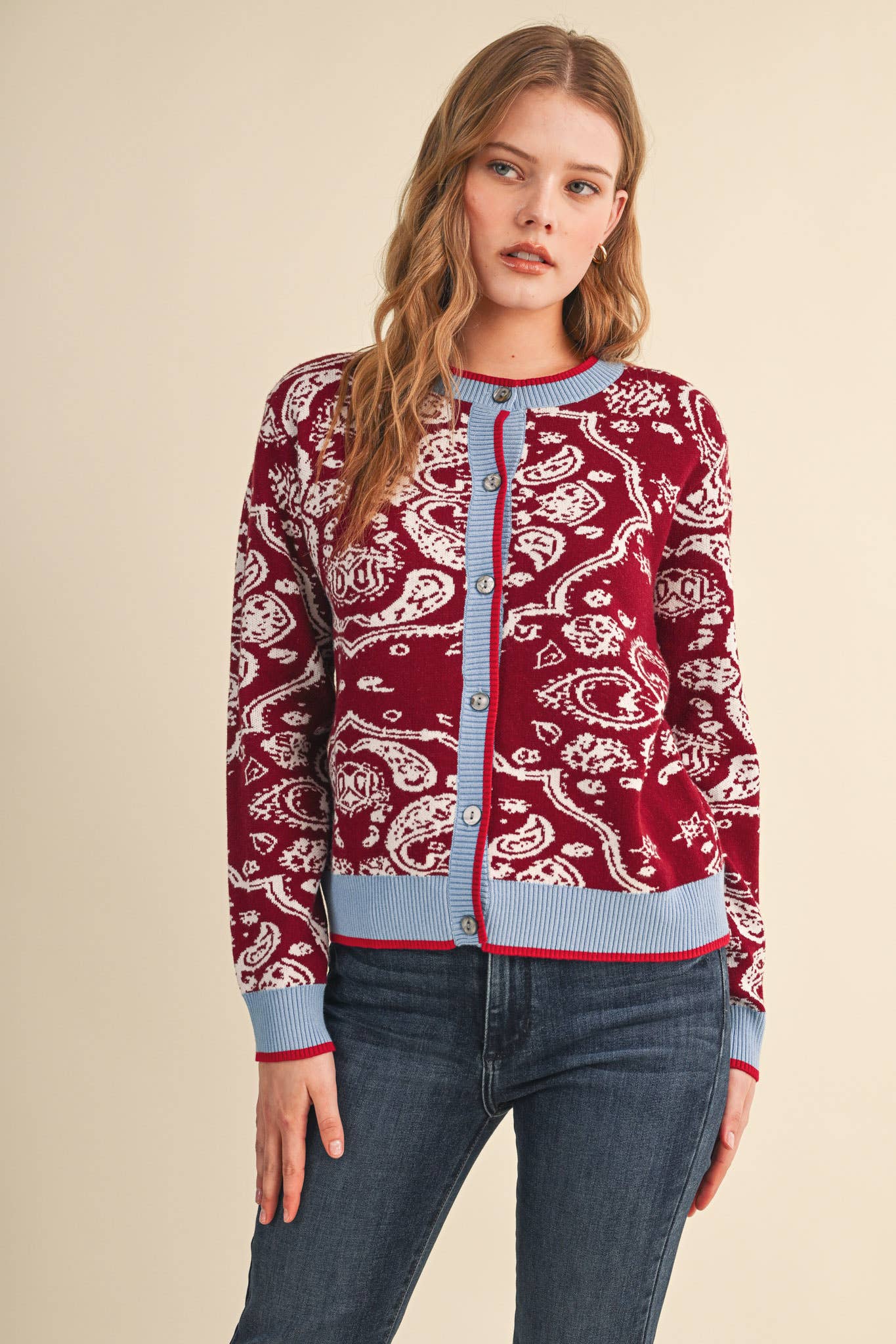 PAISLEY KNIT CONTRAST BUTTON DOWN SWEATER CARDIGAN
