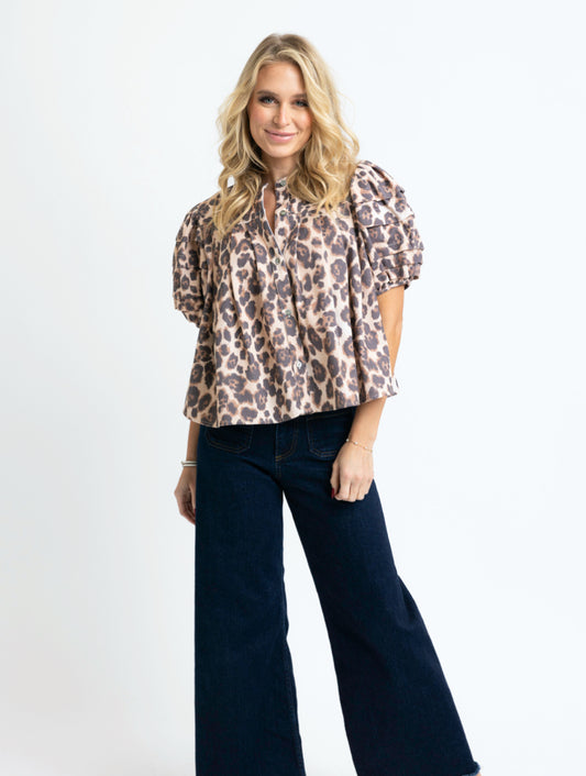 leopard denim pleat sleeve top by KARLIE