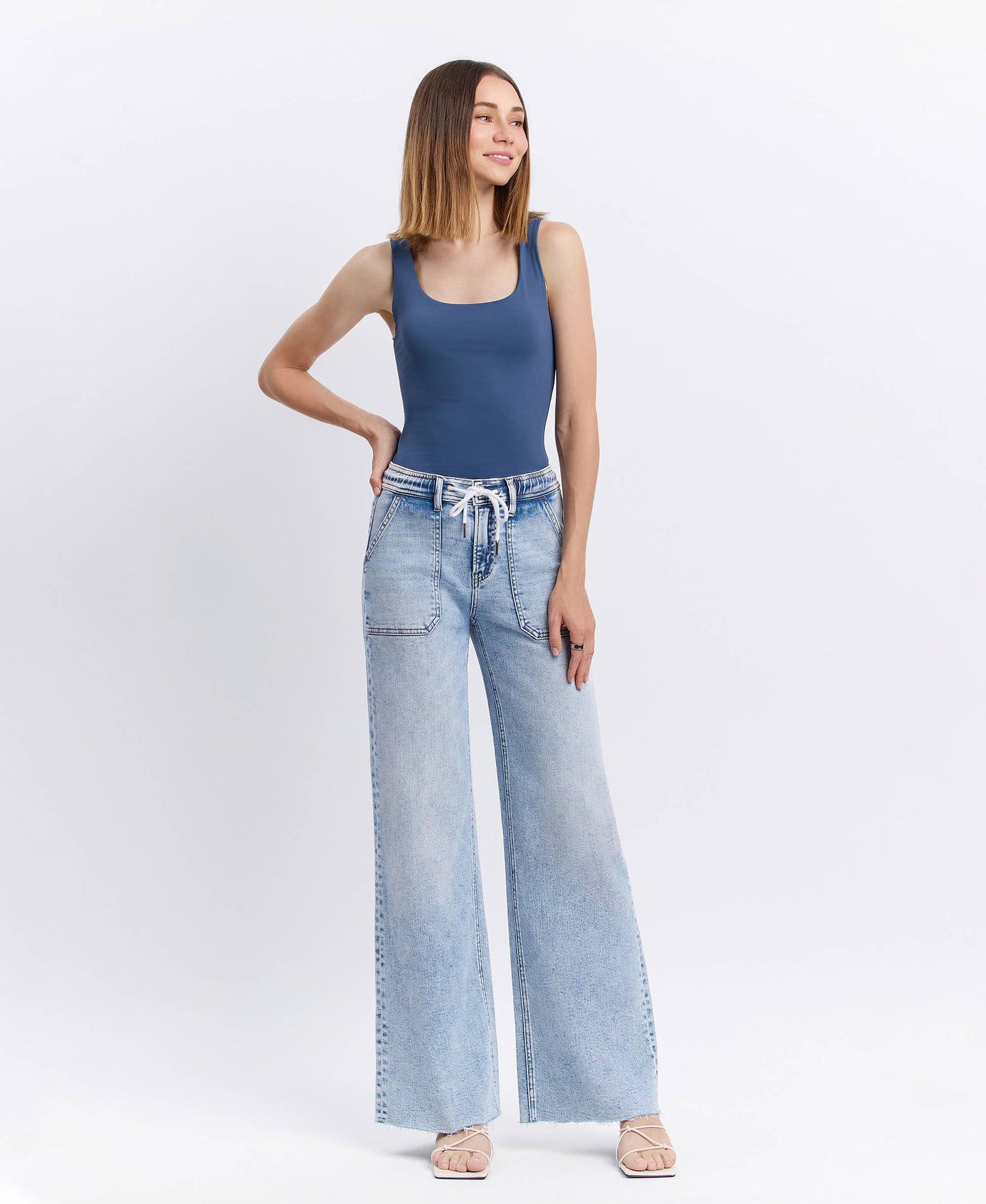 HIGH RISE DRAWSTRING WAISTBAND WIDE LEG JEANS