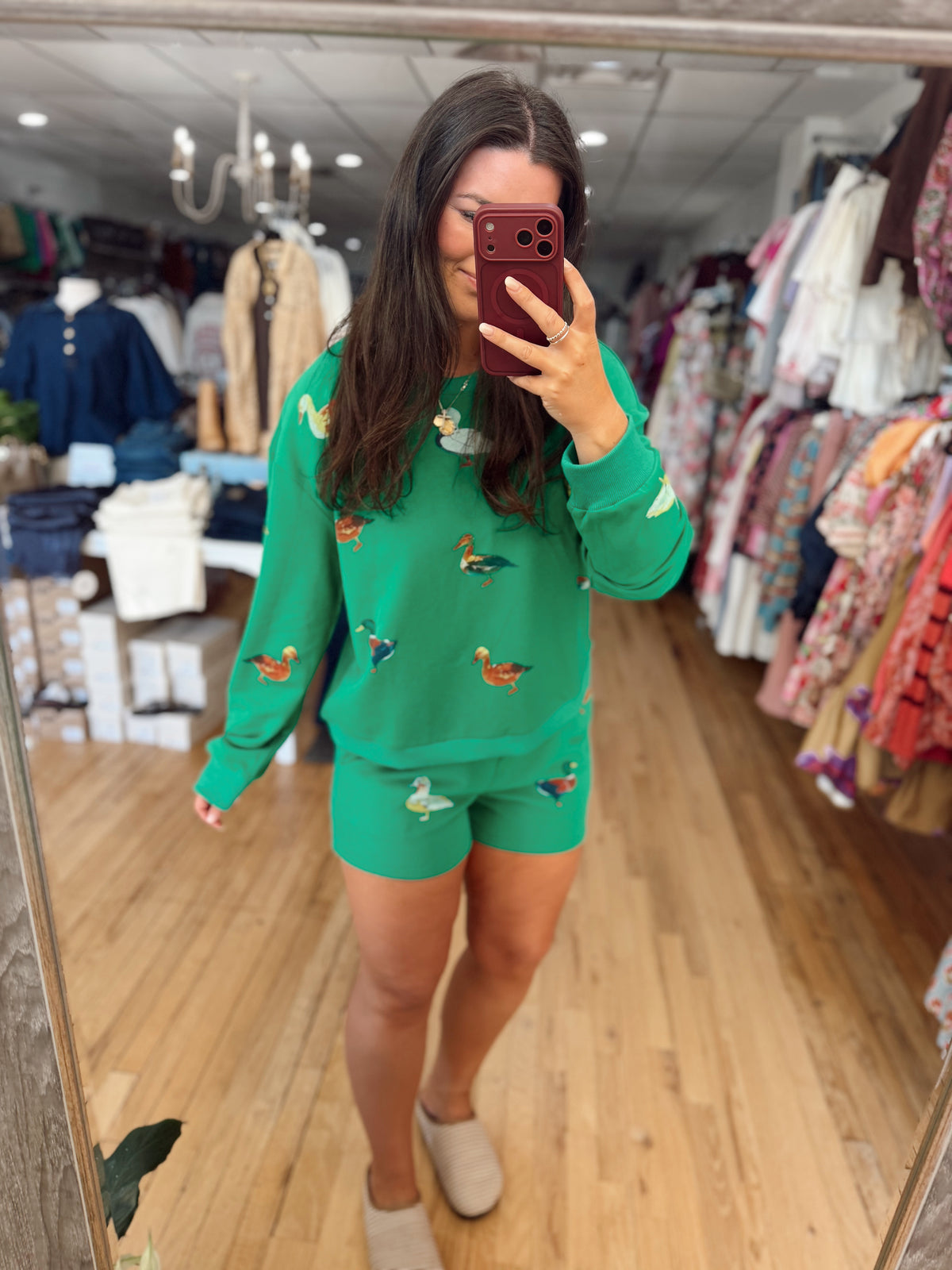 Green duck print short set