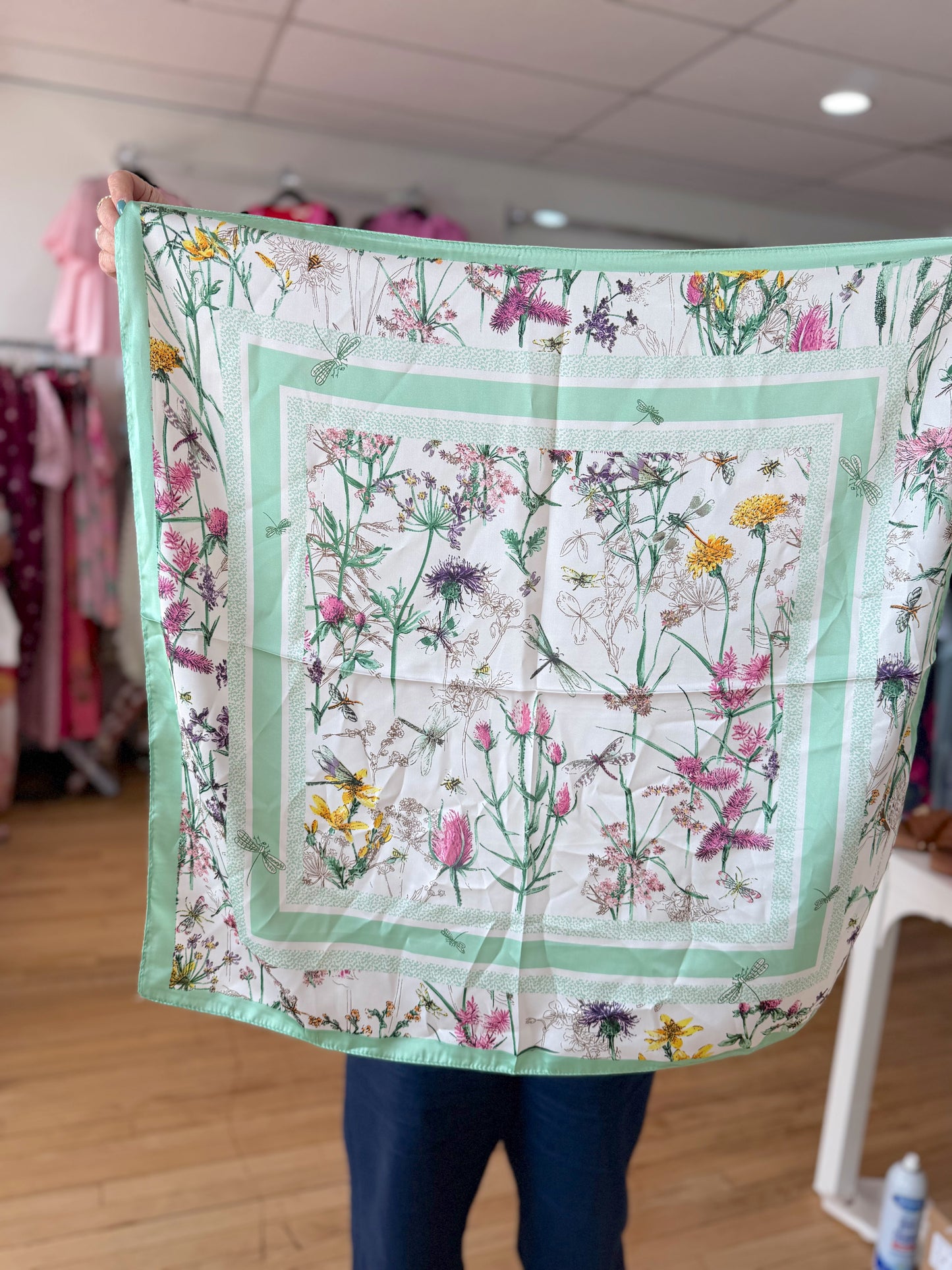 Green silk floral scarf