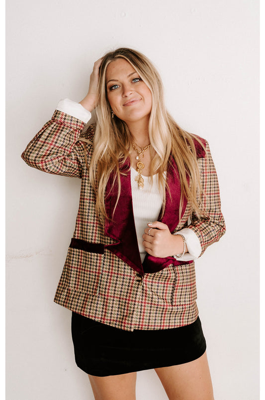 Houndstooth Wine Velvet Blazer