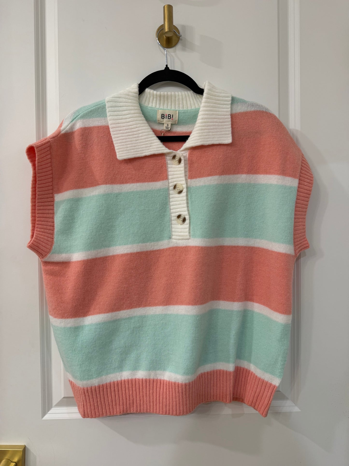STRIPED SHORT SLEEVES BUTTONED COLLARED TOP (2 colors)