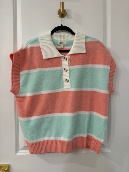 STRIPED SHORT SLEEVES BUTTONED COLLARED TOP (2 colors)