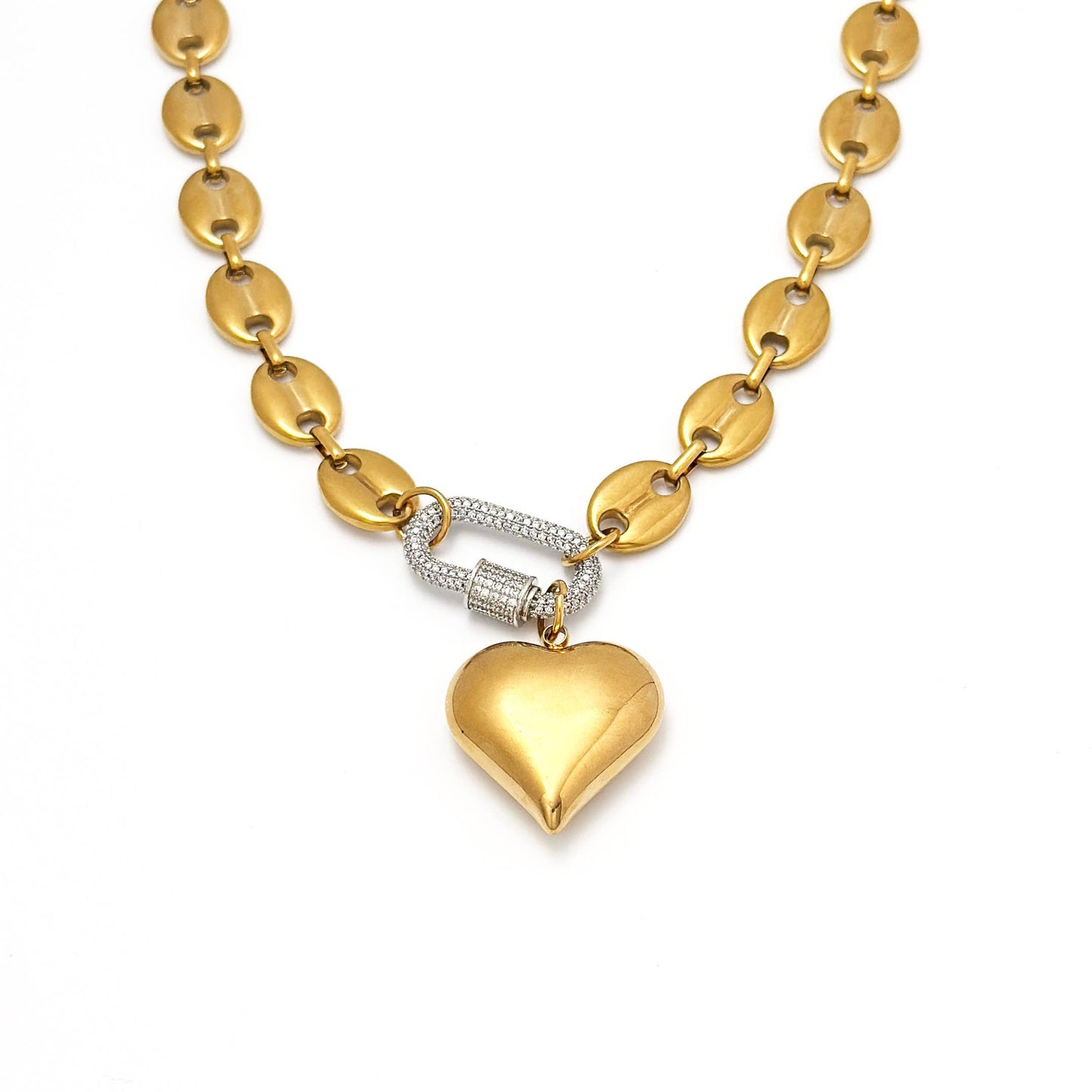 Mariner Heart CZ Pave Carabiner Necklace
