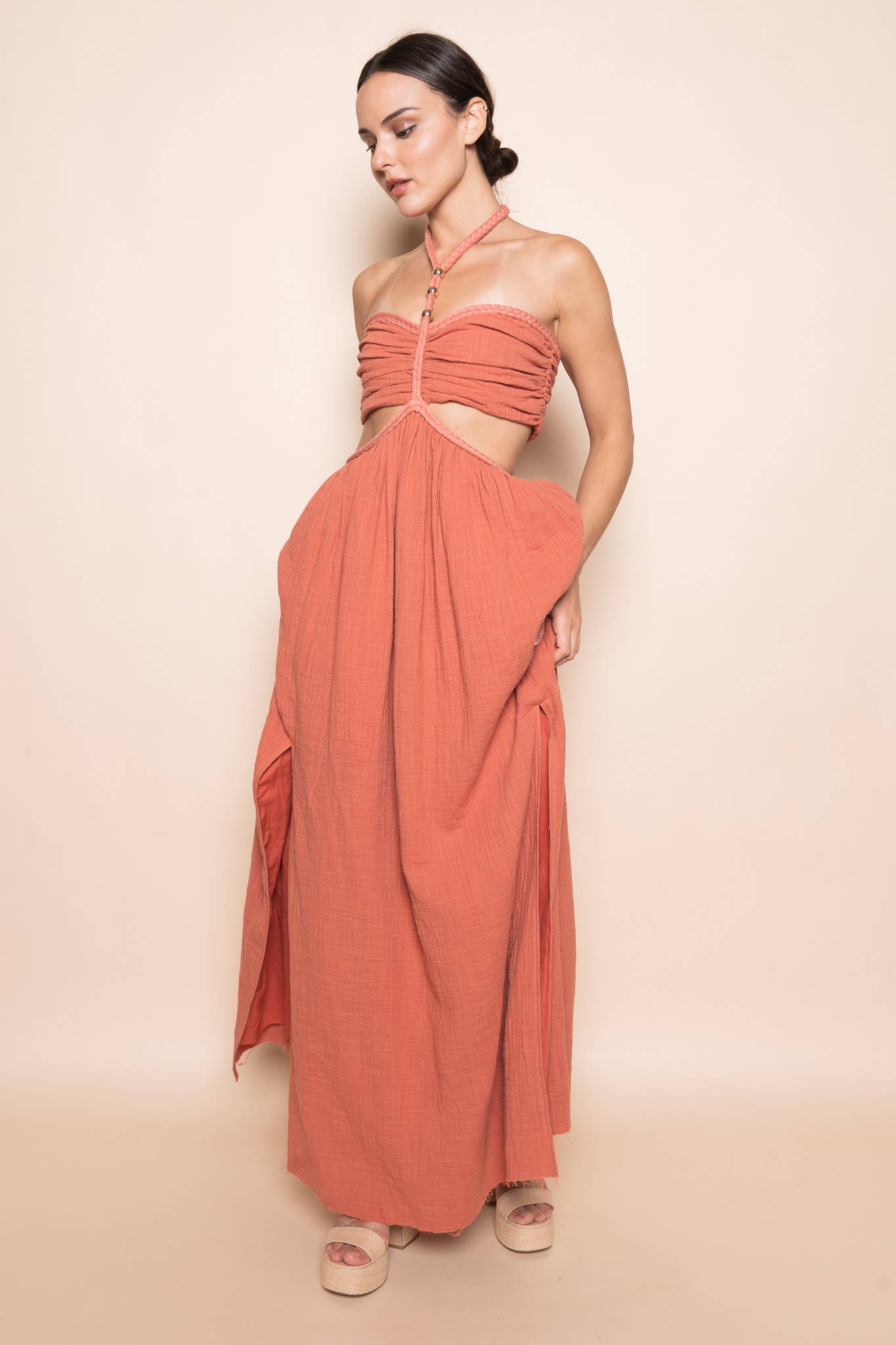 BRAIDED STRAP GOLD BEADIN CUT OUT WAIST MAXI DRESS