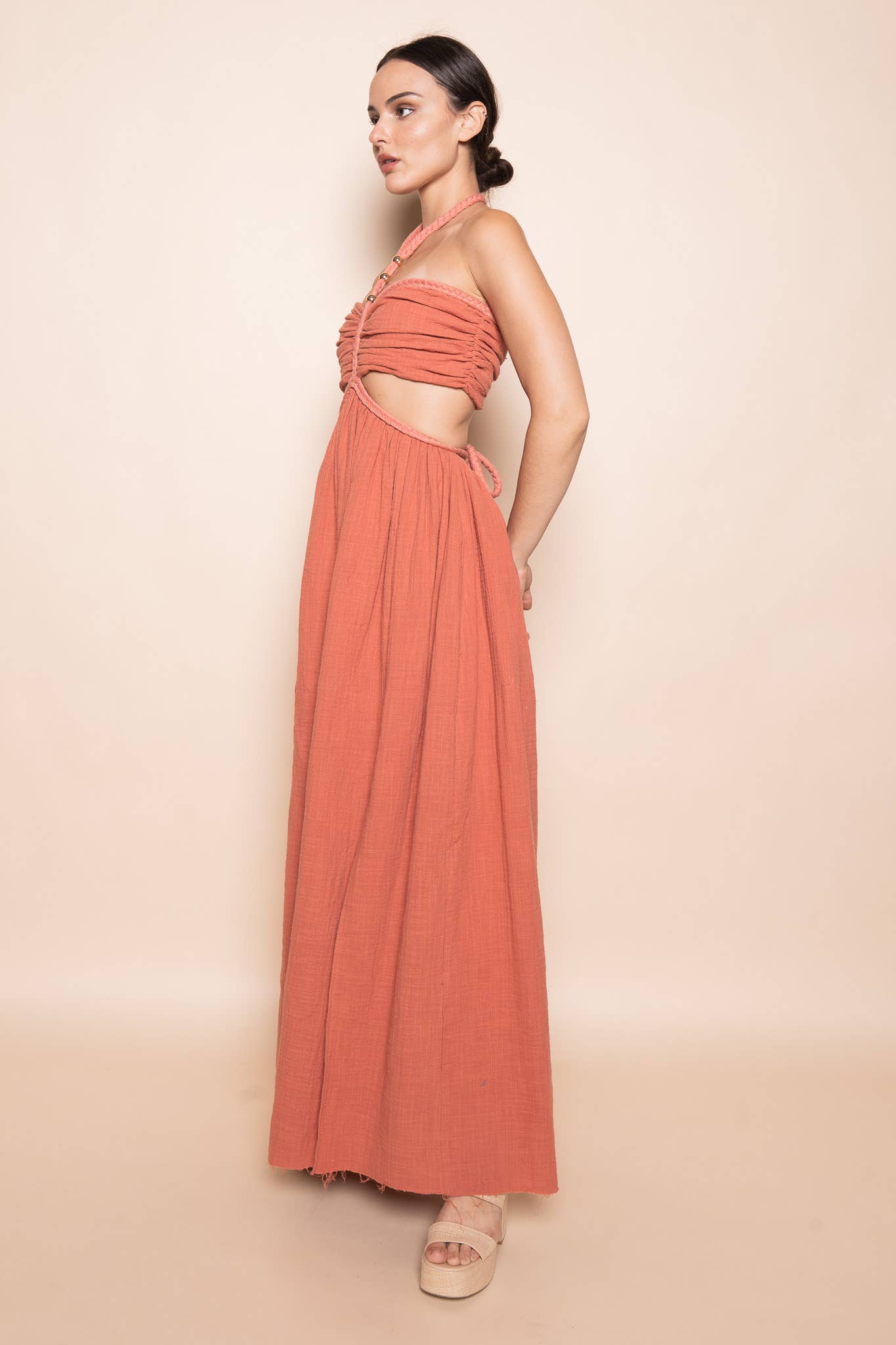 BRAIDED STRAP GOLD BEADIN CUT OUT WAIST MAXI DRESS