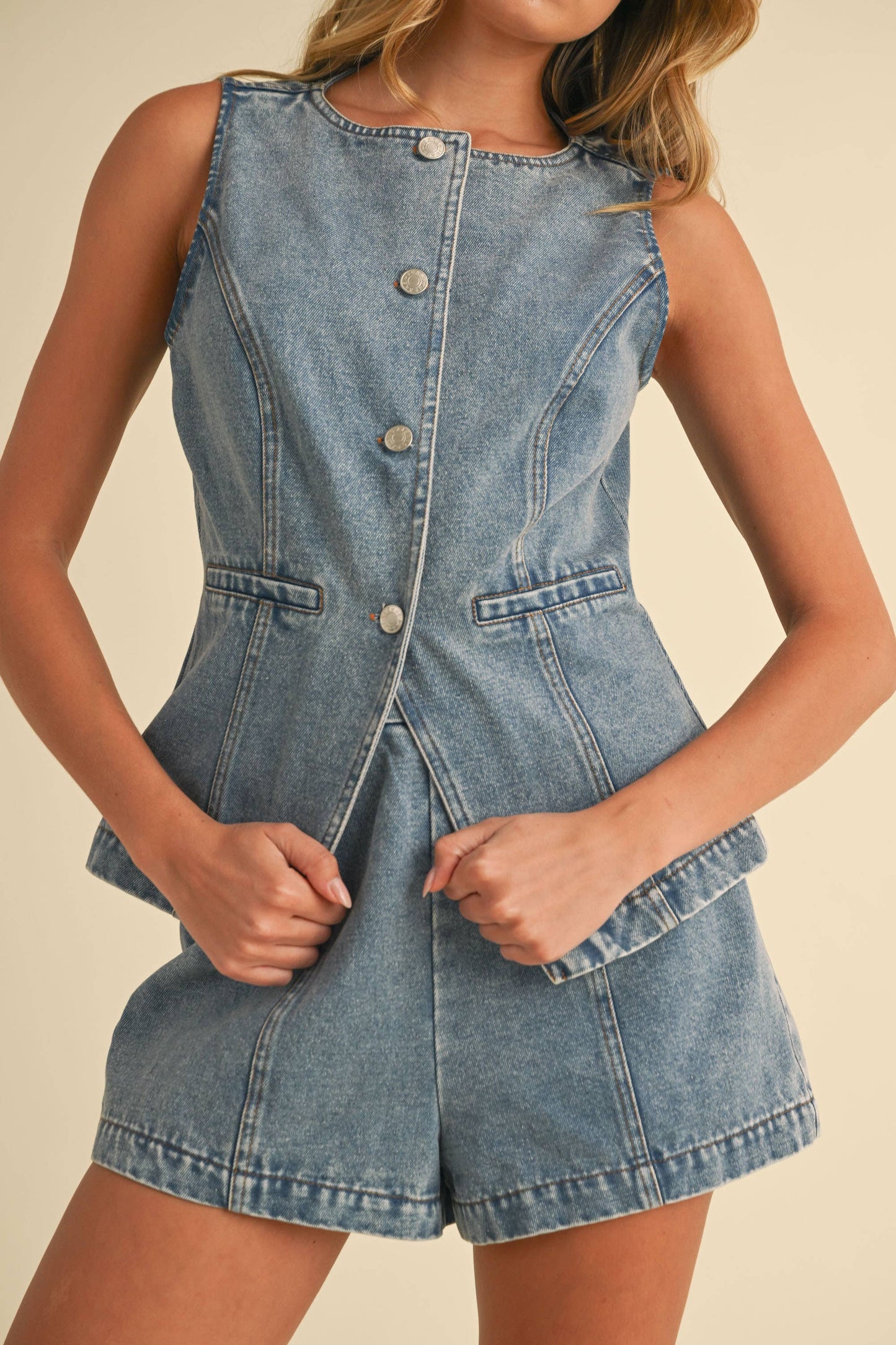 BUTTON DOWN DENIM VEST AND SHORTS SET