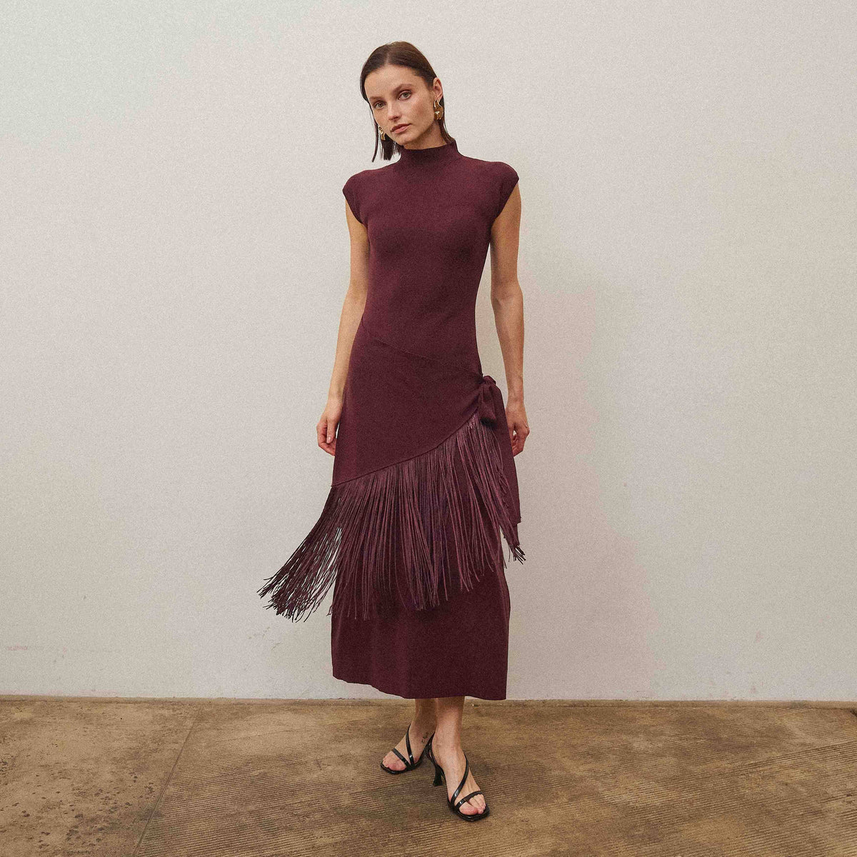 Fringe faux wrap dress