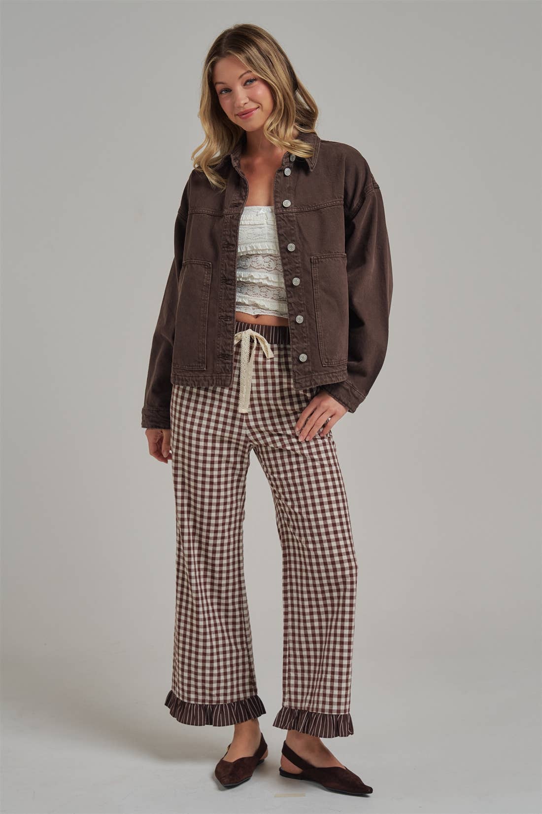 GINGHAM CHECK ELASTIC WAIST PANTS