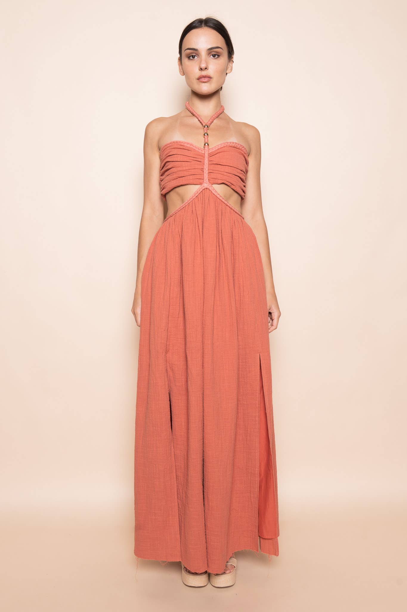 BRAIDED STRAP GOLD BEADIN CUT OUT WAIST MAXI DRESS