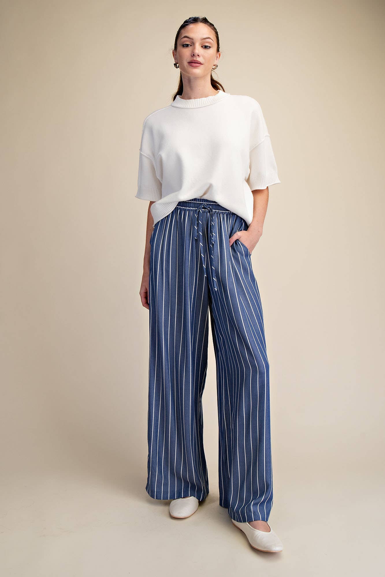 High Waist Elastic Band Stripe Wide Pants