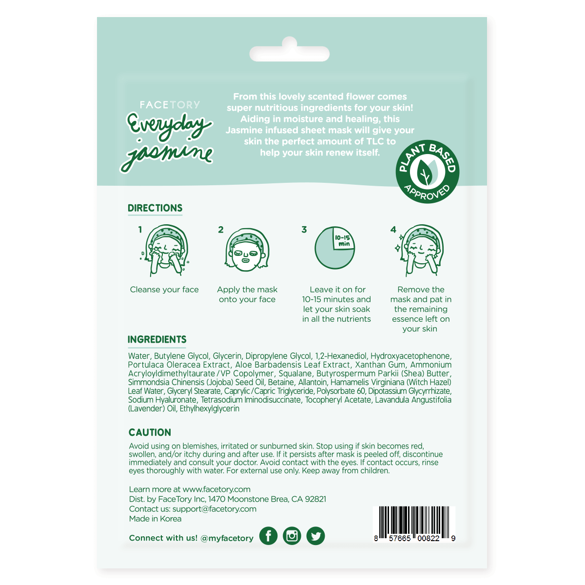 Face Mask - Korean Beauty - Moisturizing - Everyday- Jasmine