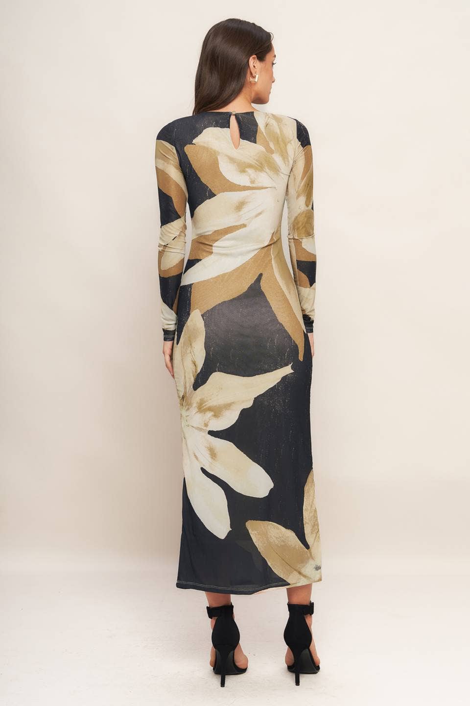 printed power mesh midi dress