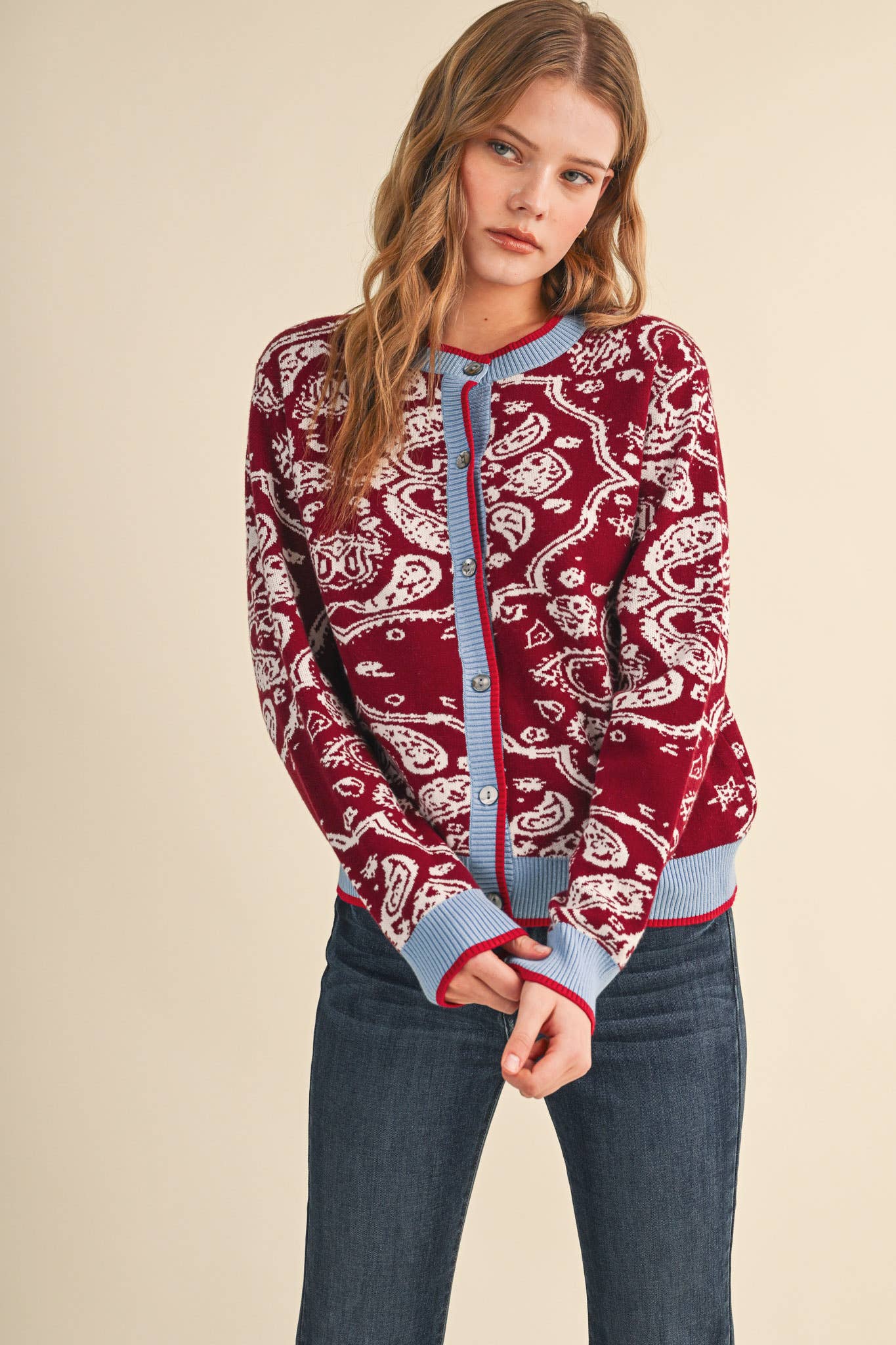 PAISLEY KNIT CONTRAST BUTTON DOWN SWEATER CARDIGAN