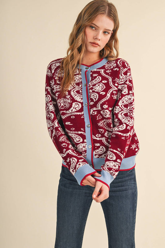 PAISLEY KNIT CONTRAST BUTTON DOWN SWEATER CARDIGAN