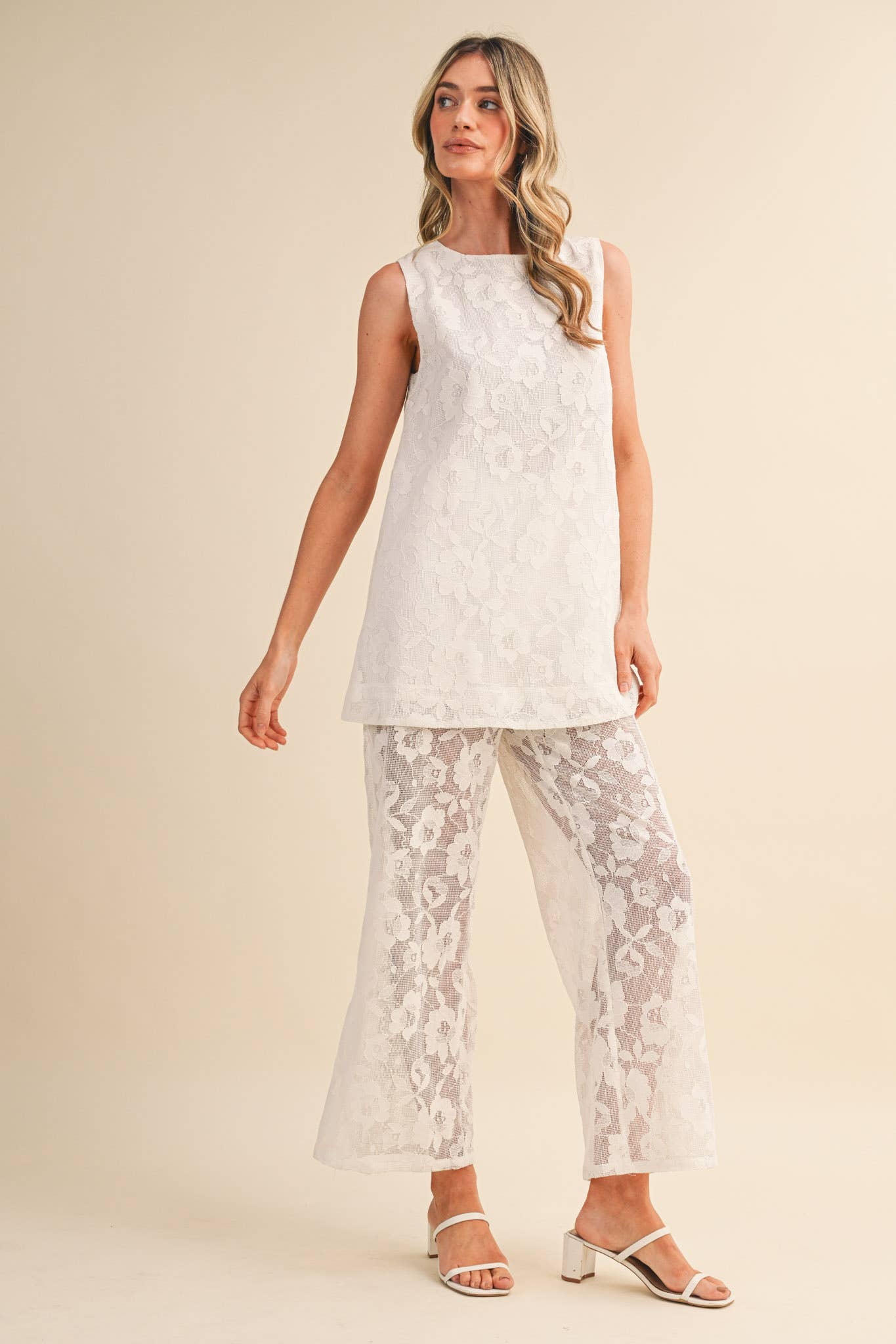 LACE SLEEVELESS TUNIC AND WIDE LEG PANTS SET