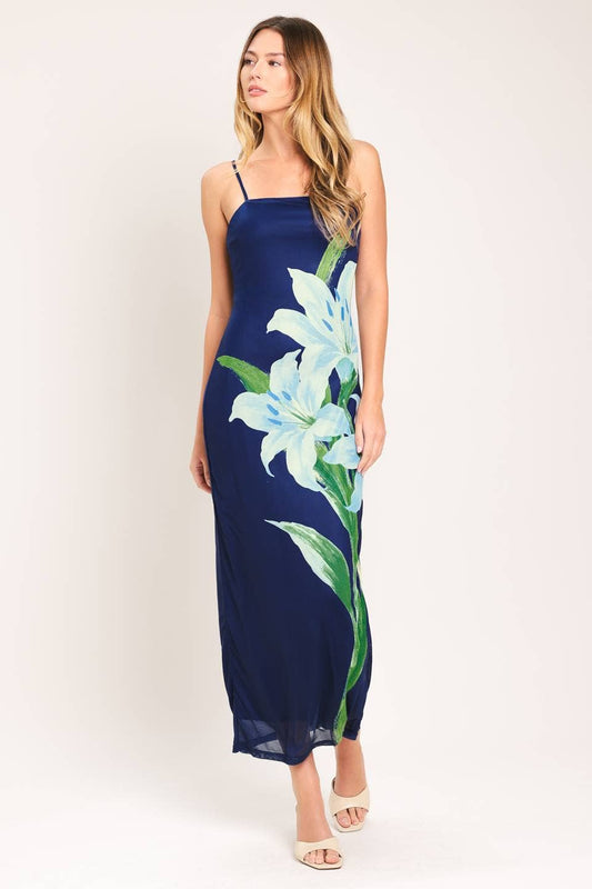 A printed power mesh midi dress