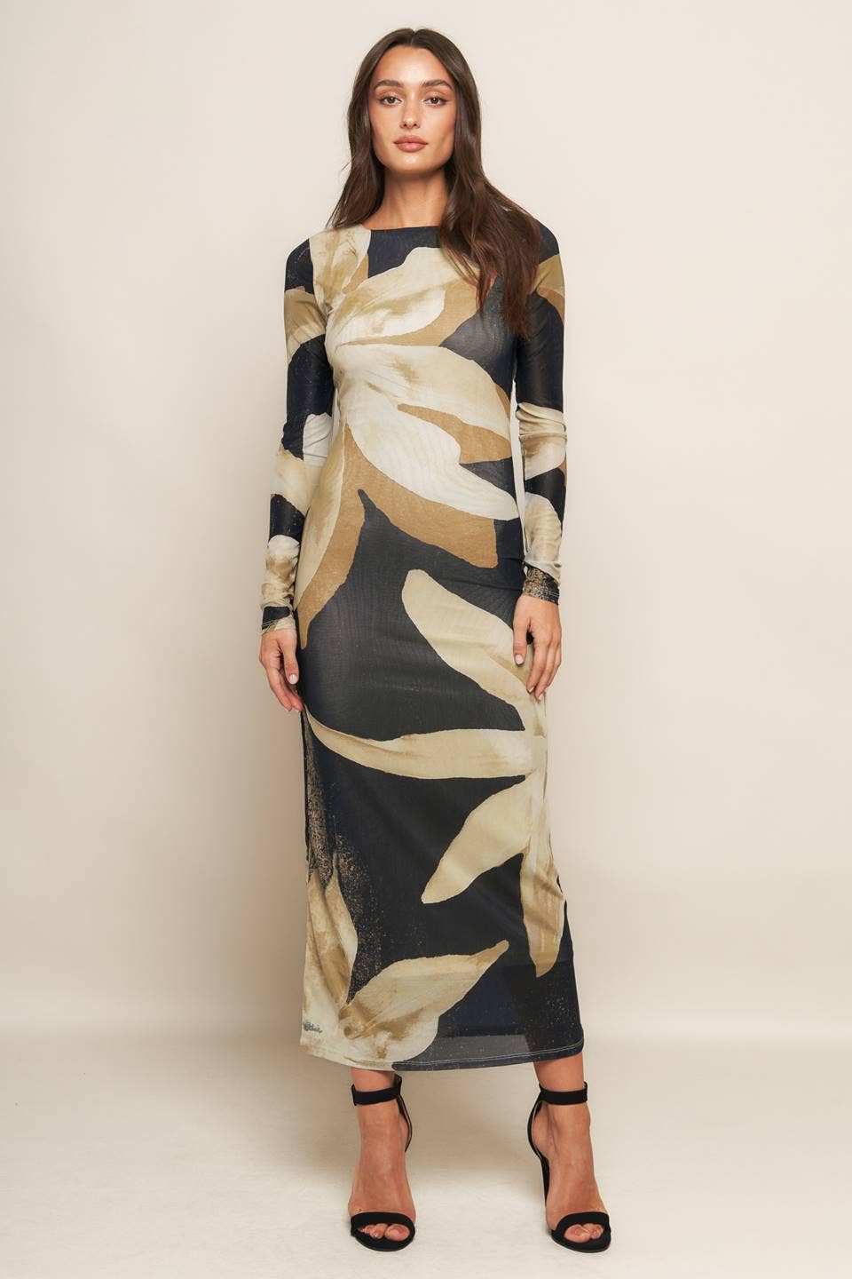 printed power mesh midi dress