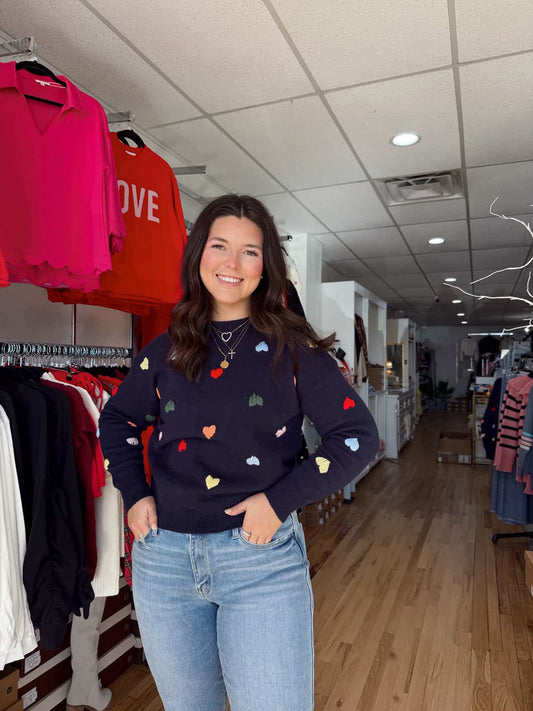 Navy Sweater Multicolor Embroidered Hearts