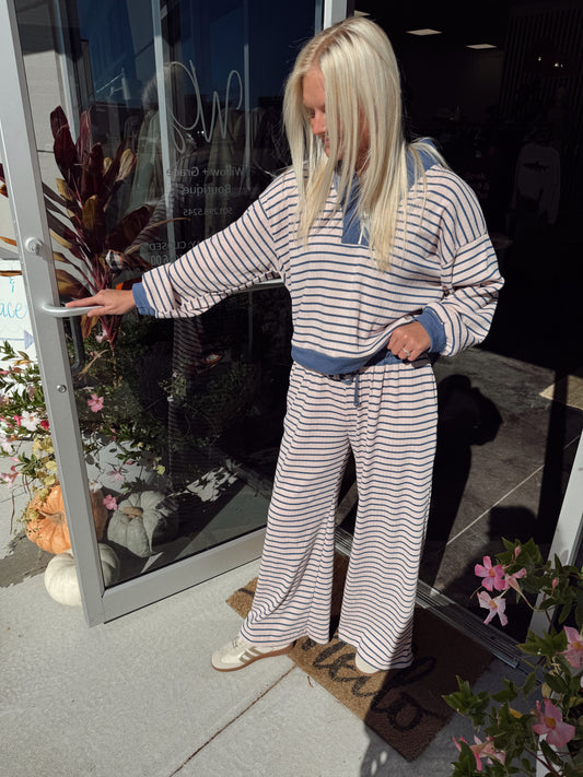 pink and denim blue stripe pant set