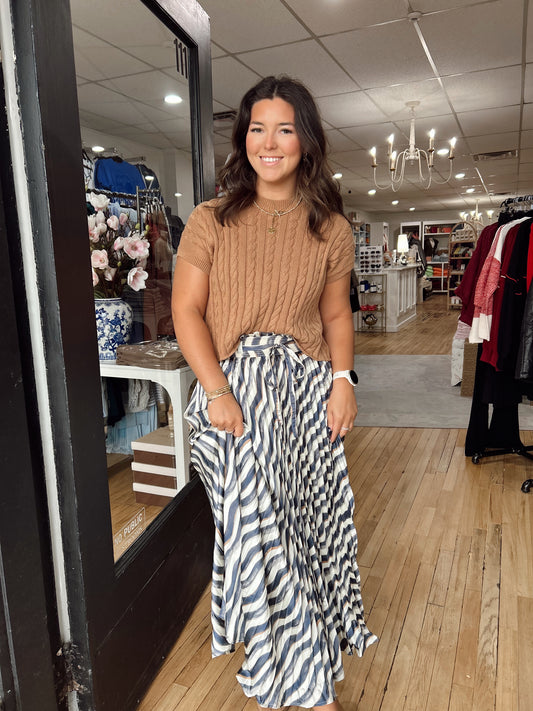 Navy/cream striped satin pleated midi skirt