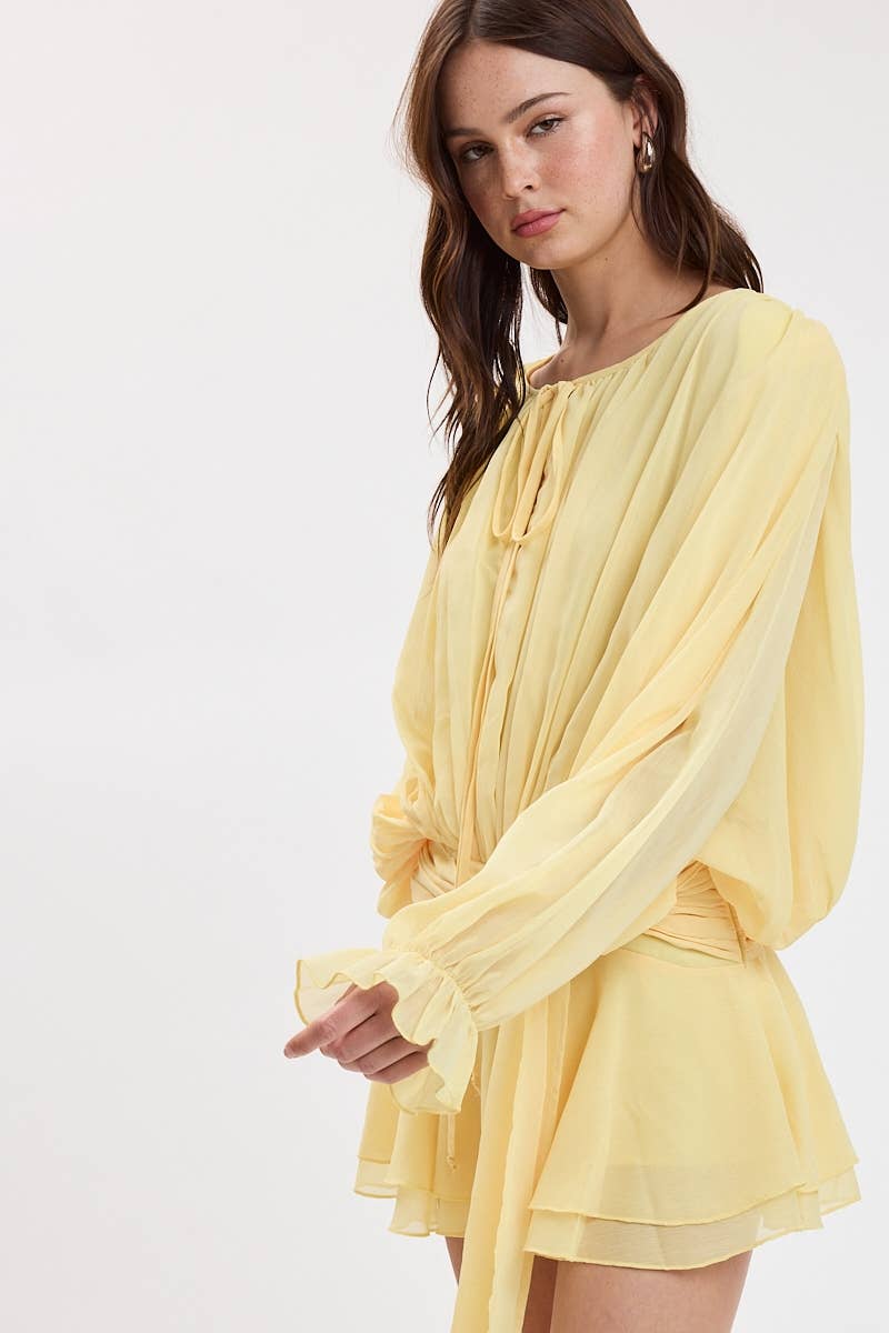 CRINKLE CHIFFON SHOULDER PAD RUFFLE MINI DRESS