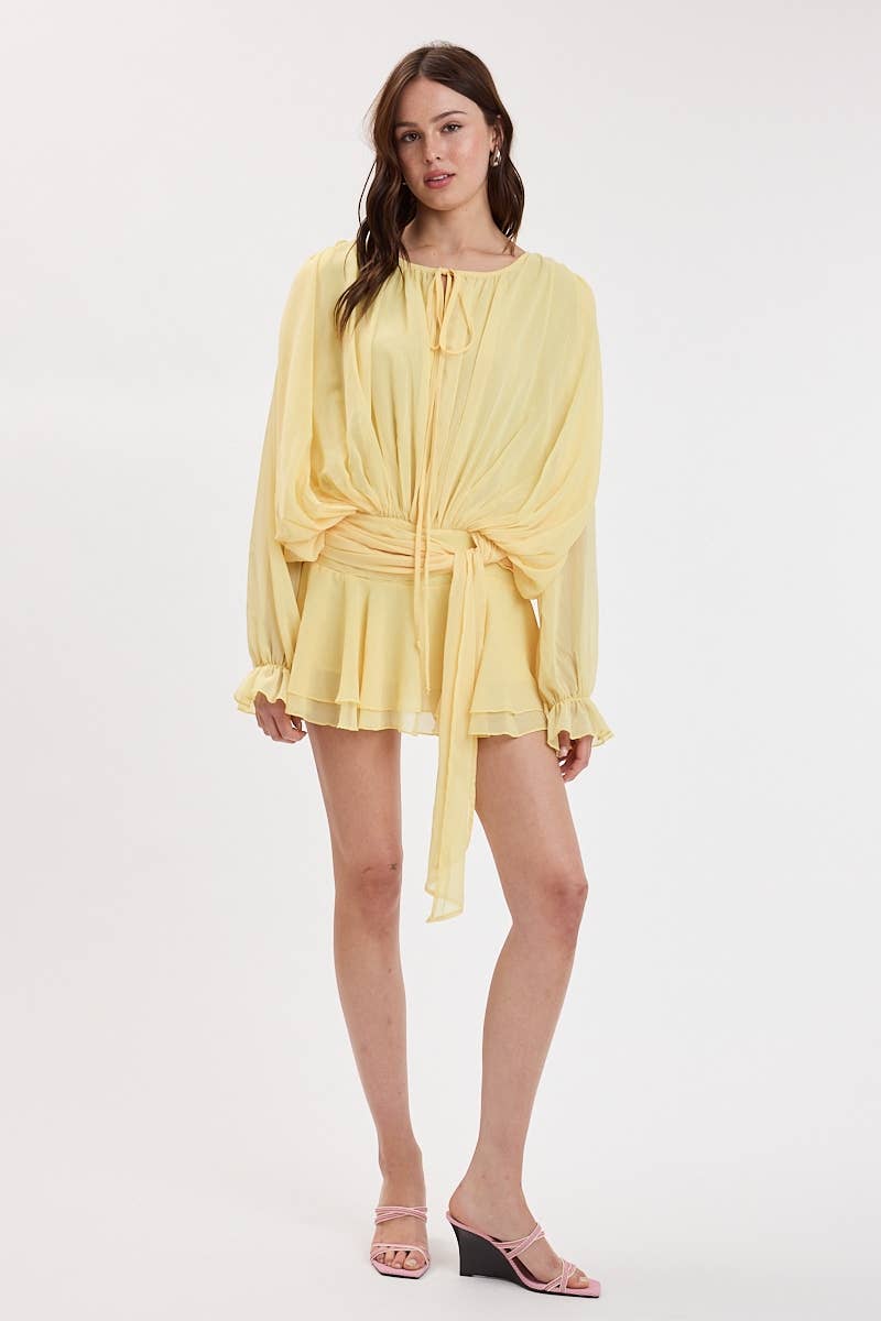 CRINKLE CHIFFON SHOULDER PAD RUFFLE MINI DRESS