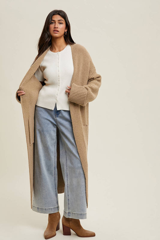 RIBBED KNIT LONGLINE SWEATER CARDIGAN