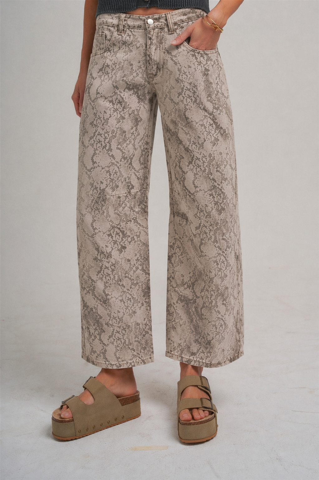 VINTAGE SNAKESKIN PRINT TWILL DENIM BARREL PANTS