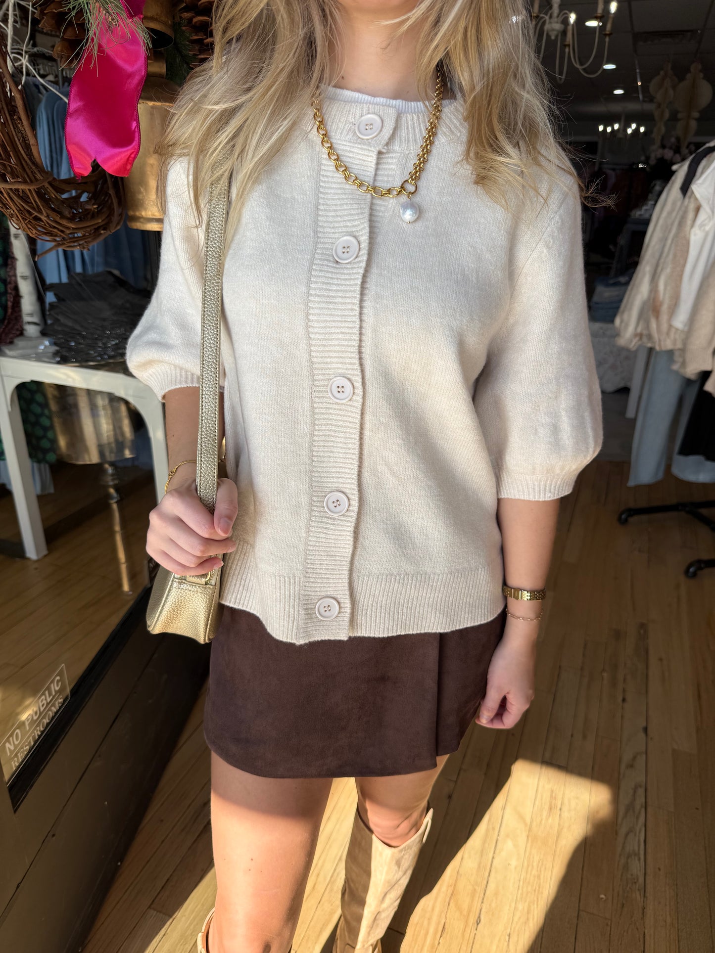 ivory short sleeve button cardigan