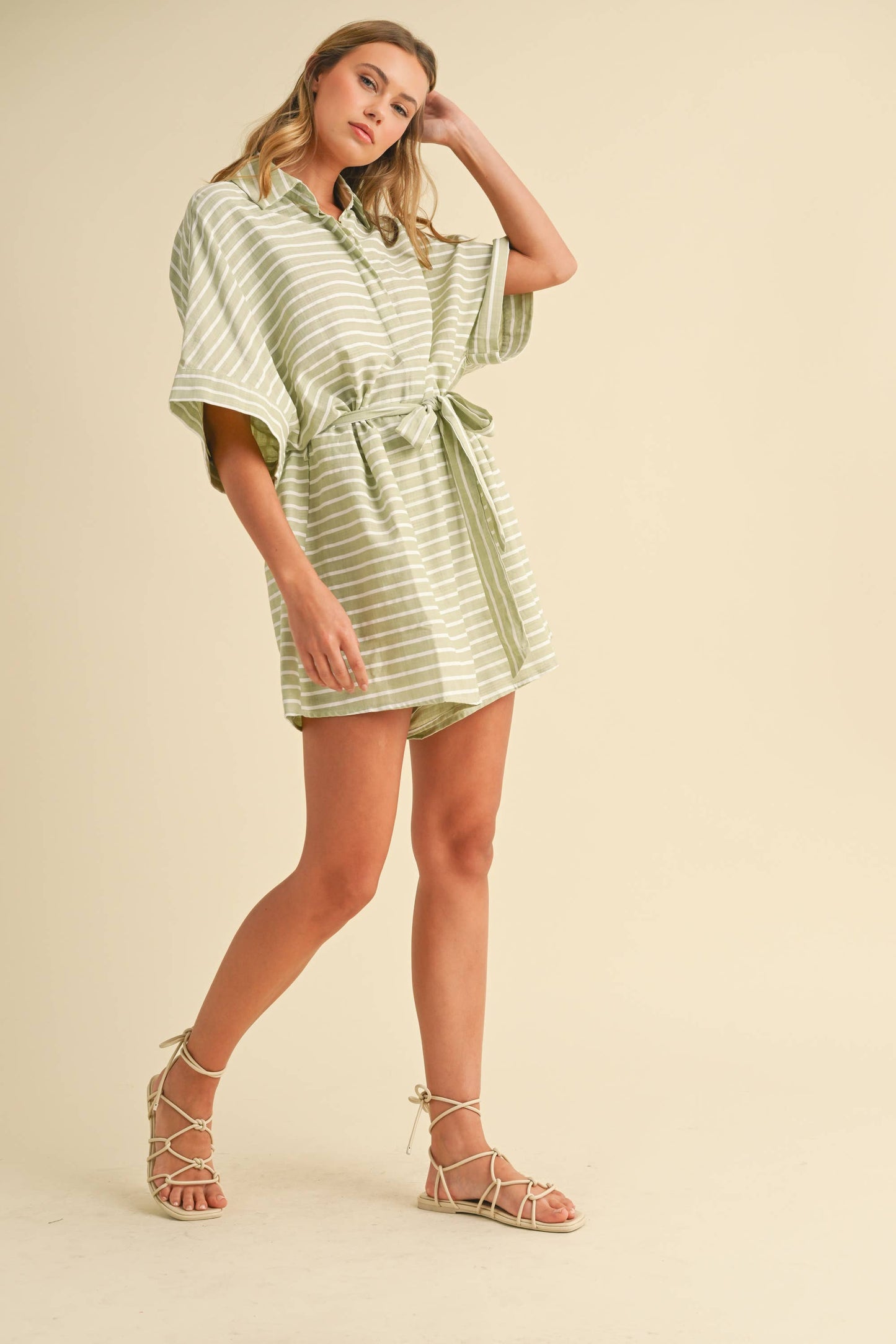 STRIPED RELAXED FIT BELTED SHORT SLEEVE ROMPER